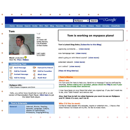 A screenshot of the old layout of myspace, with a blue profile that is for a guy named Tom