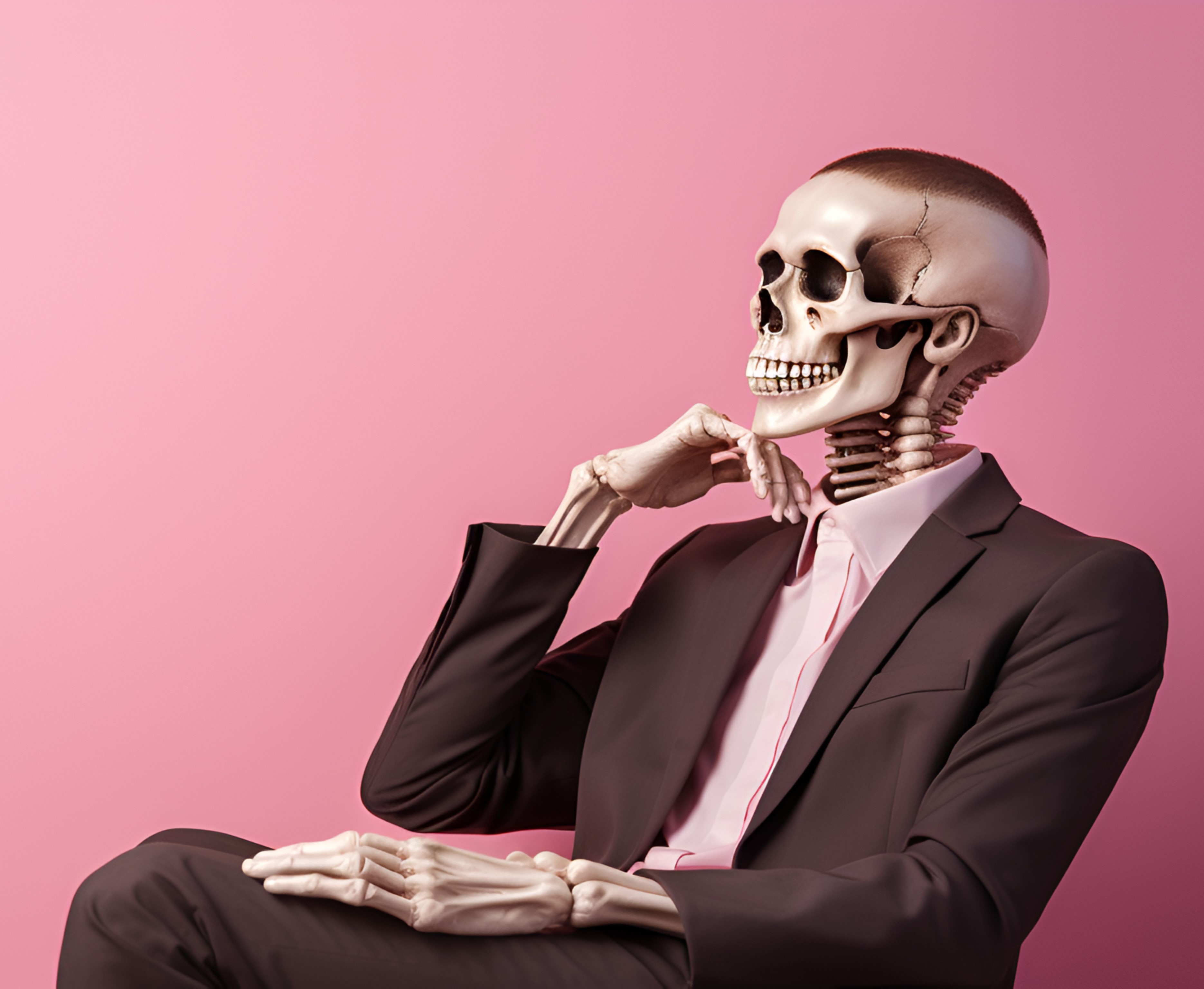 A skull in a suit sitting around and facing left with a pink background